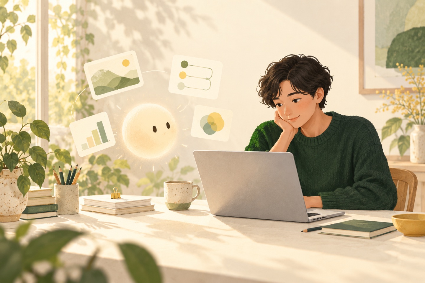 Original editorial illustration of a person working with a friendly digital companion in a sunlit home office